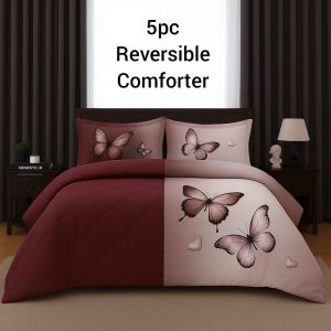 NEW 5 PIECE FLOWER & PlAIN REVERSIBLE COMFORTER